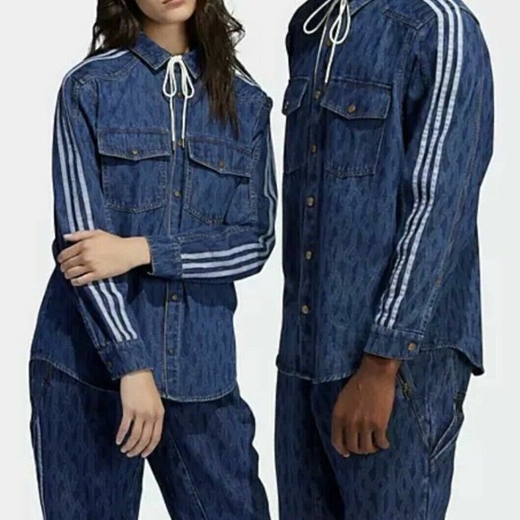 adidas Originals Tops - Adidas Ivy Park All Gender Blue Monogram Denim Button Up Shirt Size 2xs H61704
